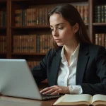 Étudiante en droit consultant le site societehistoiredudroit.fr sur son ordinateur portable dans une bibliothèque universitaire entourée de livres juridiques anciens