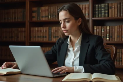 Étudiante en droit consultant le site societehistoiredudroit.fr sur son ordinateur portable dans une bibliothèque universitaire entourée de livres juridiques anciens