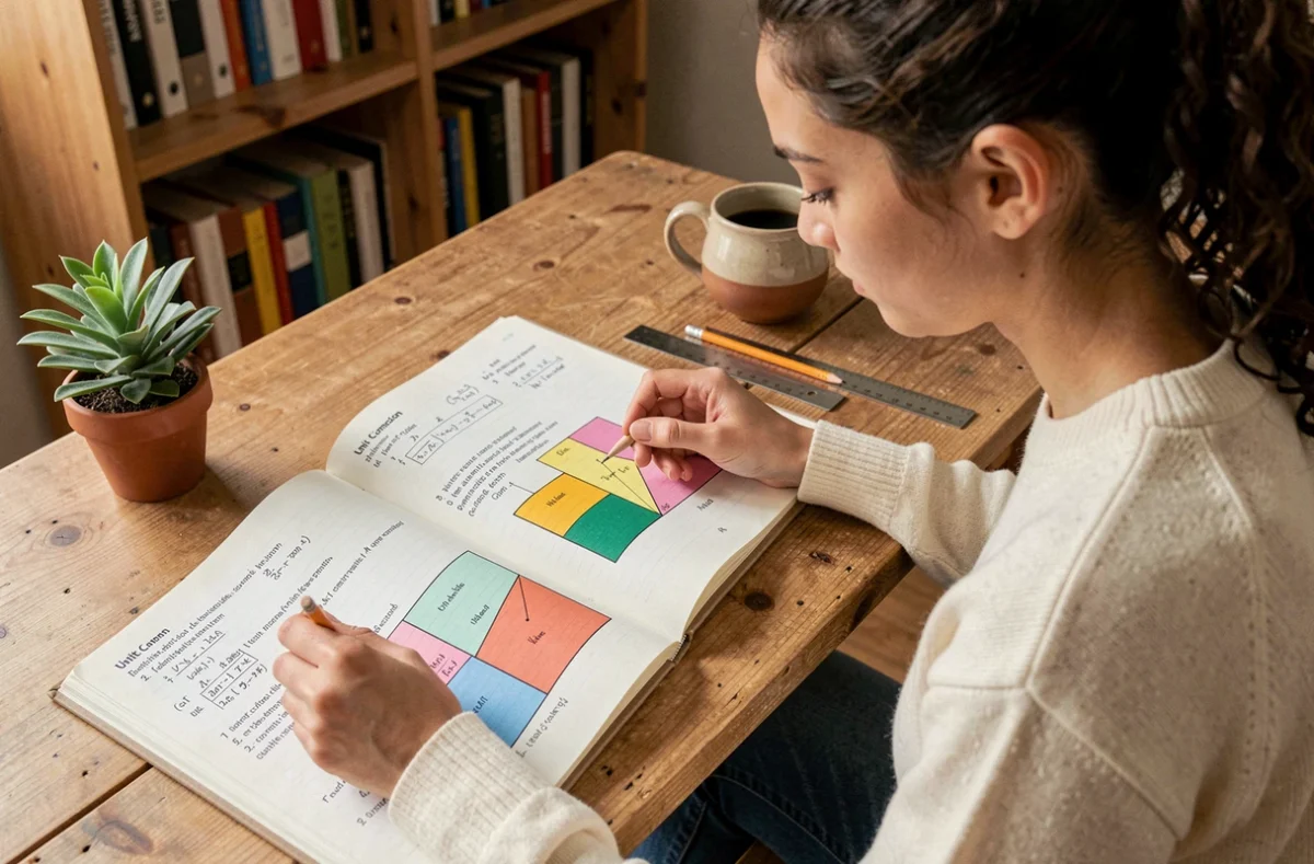 Jeune femme étudiant les conversions d'unités d'aire dans un cahier de mathématiques posé sur un bureau en bois à domicile