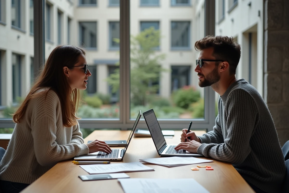Deux étudiants en droit travaillant ensemble sur l'histoire du droit à partir d'un site spécialisé dans un espace de coworking universitaire moderne