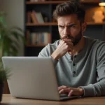Homme scrutant un profil suspect sur un site de rencontres bisexuelles depuis son bureau à domicile