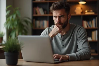 Homme scrutant un profil suspect sur un site de rencontres bisexuelles depuis son bureau à domicile