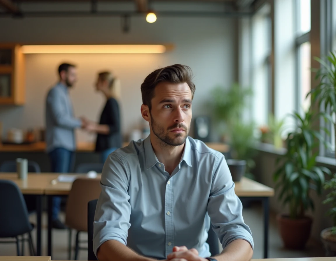 Employé isolé à son bureau dans un open-space illustrant l'exclusion ou le mal-être suite à des blagues discriminatoires au travail