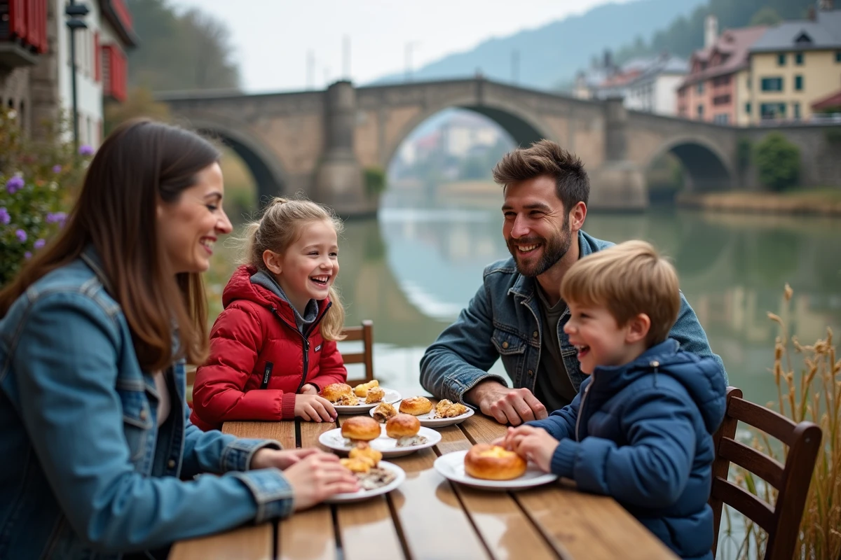 Famille au café avec vue sur la rivière Saar