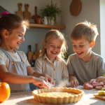 Famille en cuisine préparant une quiche au chorizo ensemble