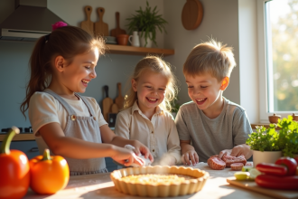Famille en cuisine préparant une quiche au chorizo ensemble
