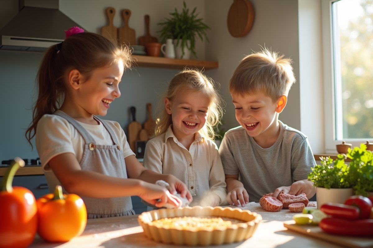 Famille en cuisine préparant une quiche au chorizo ensemble