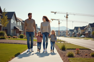 Famille avec enfants dans un quartier en développement