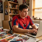 Fan de Spider-Man lisant des rumeurs sur Amazing Spider-Man 3 entouré de comics et figurines Marvel dans sa chambre