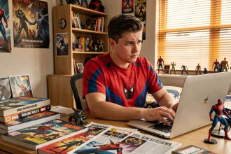Fan de Spider-Man lisant des rumeurs sur Amazing Spider-Man 3 entouré de comics et figurines Marvel dans sa chambre