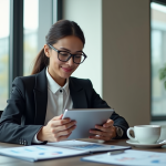 Femme d'affaires confiante analysant des graphiques financiers sur une tablette