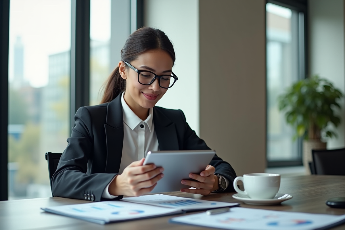 Femme d'affaires confiante analysant des graphiques financiers sur une tablette