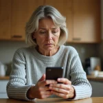 Femme inquiète regardant un appel téléphonique suspect sur son smartphone, possible arnaque au numéro 0483439934