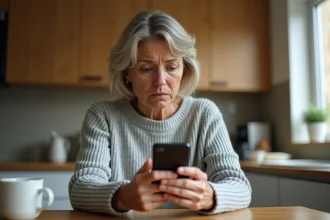 Femme inquiète regardant un appel téléphonique suspect sur son smartphone, possible arnaque au numéro 0483439934