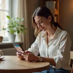 Femme consultant l'application Sabradou nord sur son smartphone pour trouver les prochaines braderies