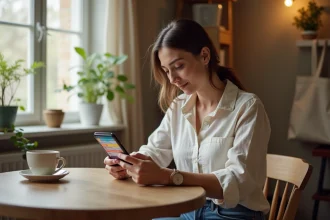 Femme consultant l'application Sabradou nord sur son smartphone pour trouver les prochaines braderies