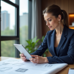 Femme architecte en bureau avec plans et tablette