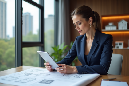 Femme architecte en bureau avec plans et tablette