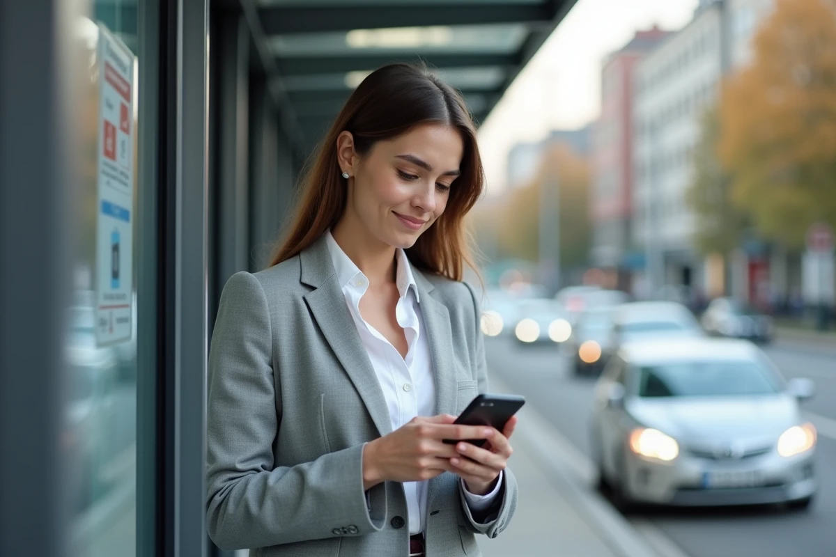 Femme au arrêt de bus regardant son smartphone