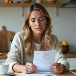 Femme en cuisine vérifiant ses reçus et notes
