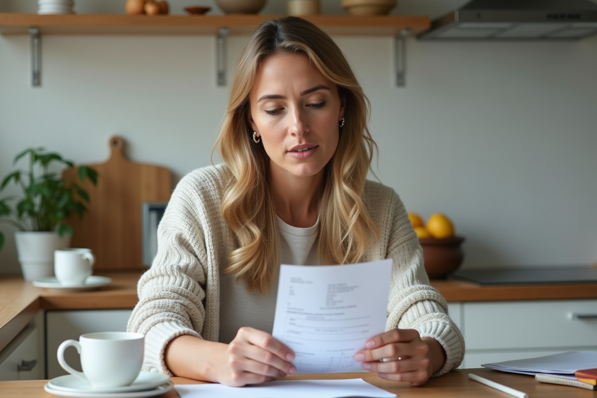Femme en cuisine vérifiant ses reçus et notes