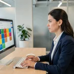 Femme professionnelle consultant un calendrier numérique avec semaines paires et impaires affiché sur un écran d'ordinateur de bureau au bureau