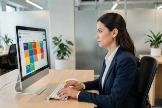 Femme professionnelle consultant un calendrier numérique avec semaines paires et impaires affiché sur un écran d'ordinateur de bureau au bureau