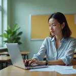 Femme en milieu scolaire regardant son ordinateur portable