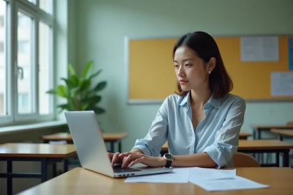 Femme en milieu scolaire regardant son ordinateur portable