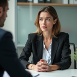 Femme en tenue professionnelle parlant honnêtement au bureau