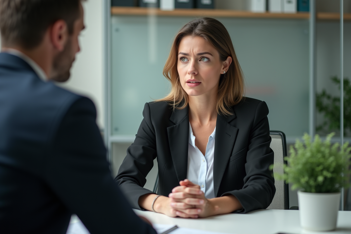 Femme en tenue professionnelle parlant honnêtement au bureau