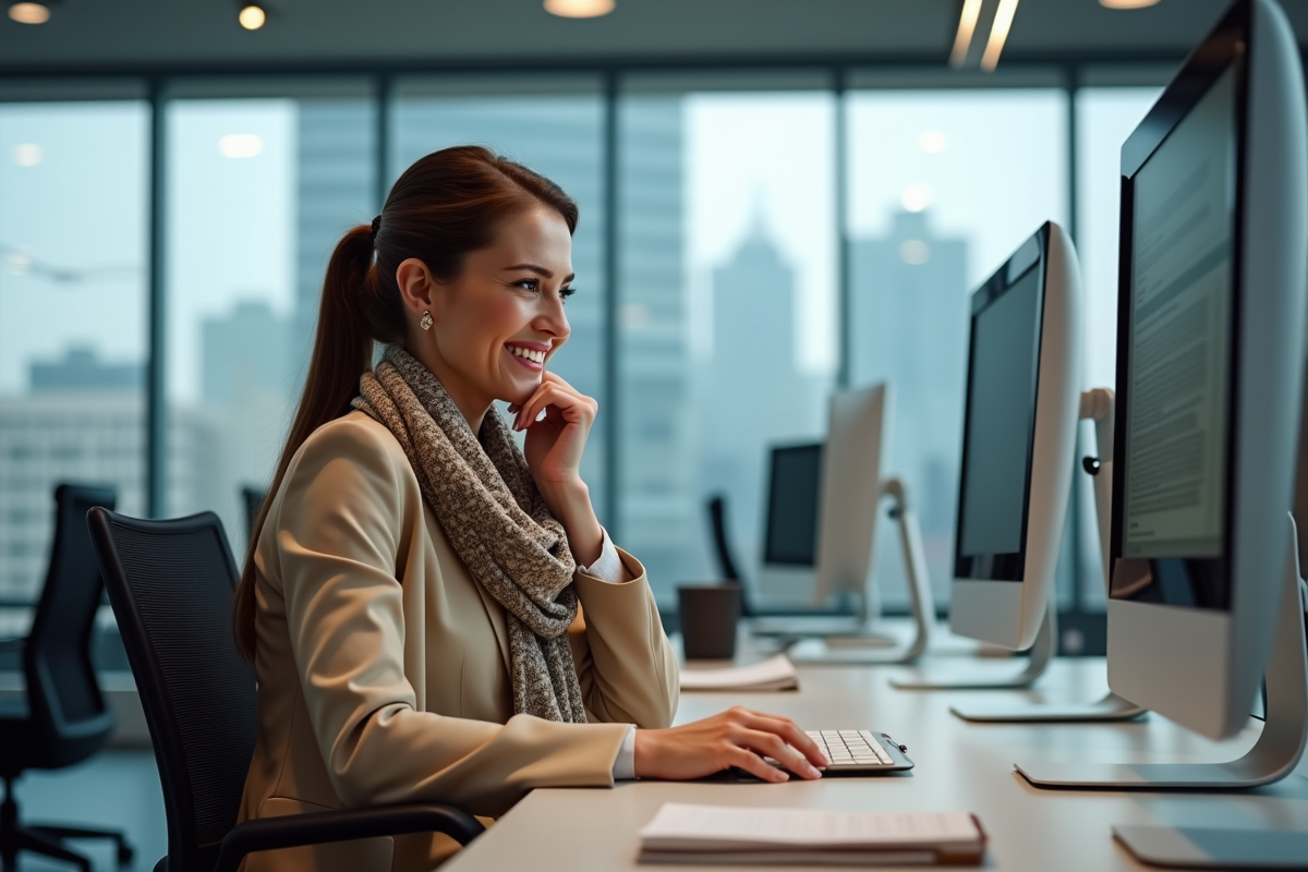 Femme en bureau moderne compare résultats de retraite