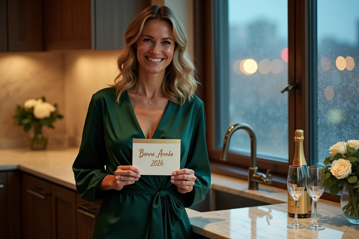 Femme élégante tenant une carte Bonne Année 2026 dans une cuisine moderne avec vue nocturne enneigée