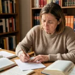Femme consultant un livre de grammaire française avec une expression de confusion, illustrant l'erreur courante parentses au lieu de parenthèse