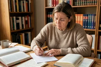 Femme consultant un livre de grammaire française avec une expression de confusion, illustrant l'erreur courante parentses au lieu de parenthèse