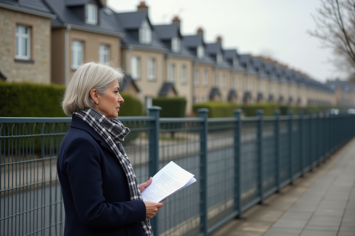Femme d'âge moyen avec écharpe regardant des maisons
