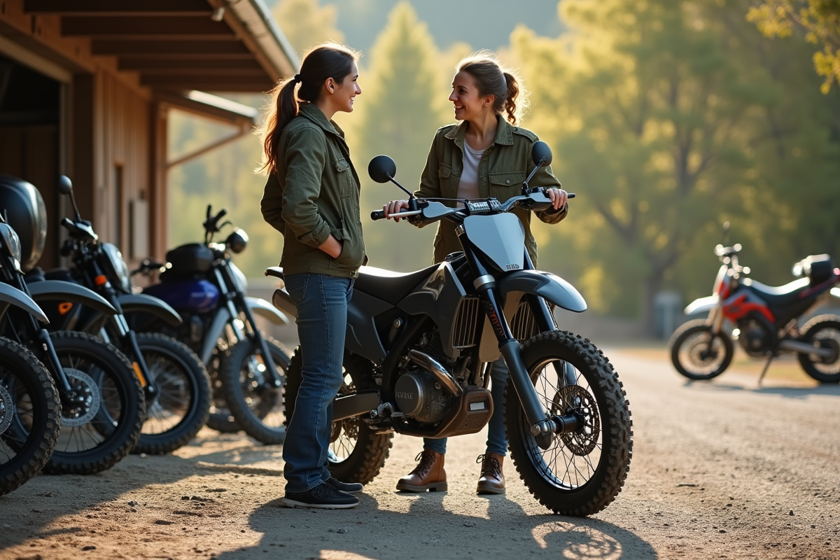 Femme pointant la roue de sa dirtbike avec une amie en extérieur