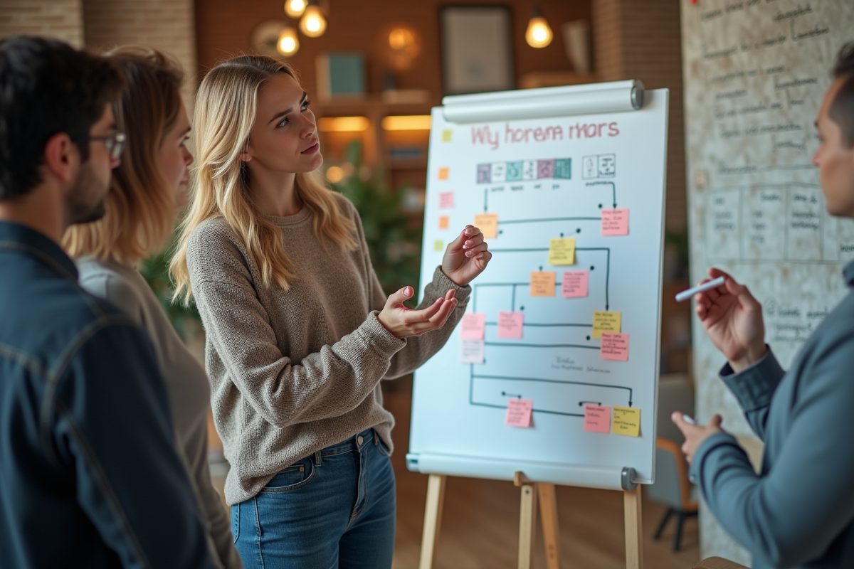 Jeune femme explique blockchain à ses collègues