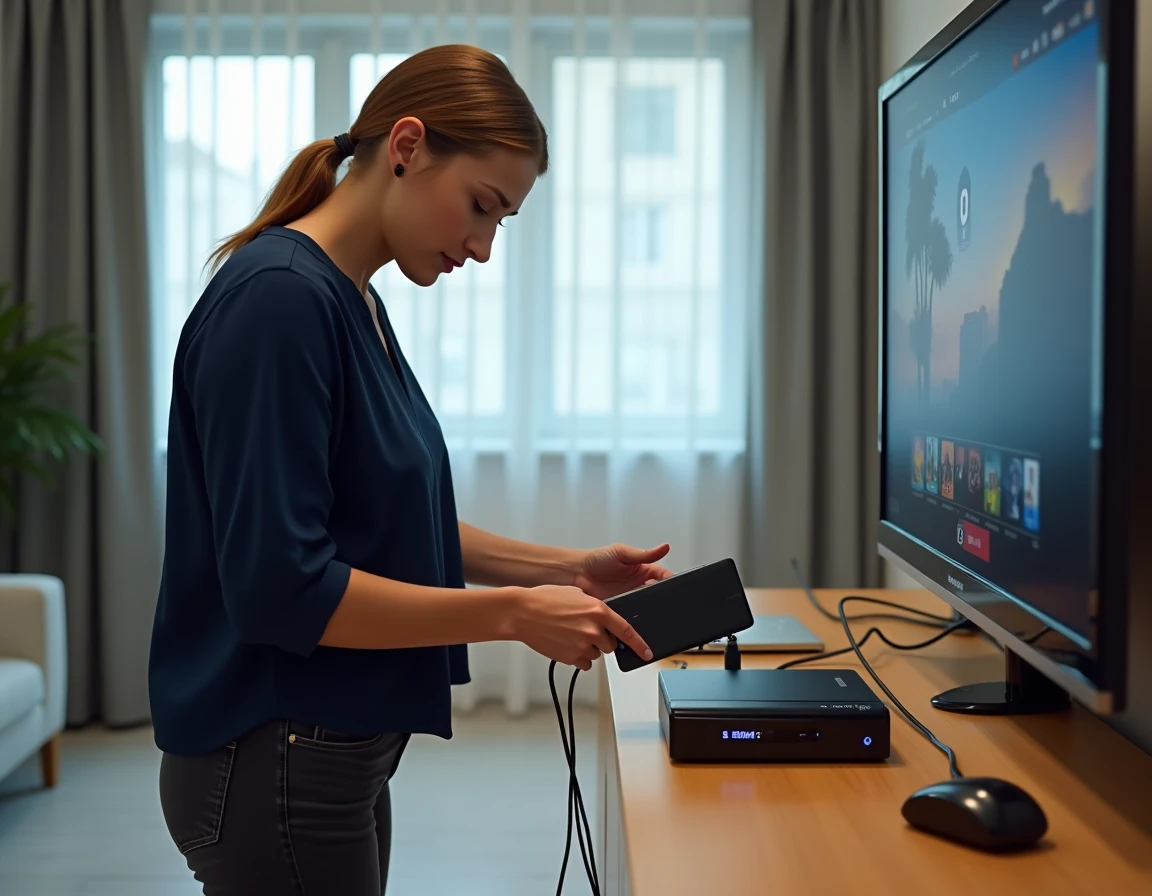 Femme connectant un disque dur externe à un décodeur Orange TV pour enregistrer des programmes télévisés