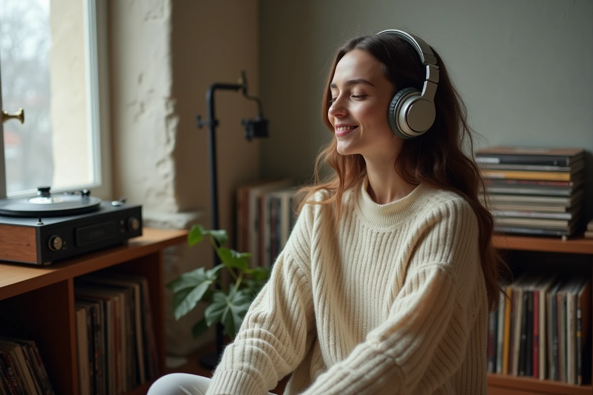Jeune femme parisienne écoutant de la musique avec un casque vintage entourée de disques vinyles dans un appartement cosy
