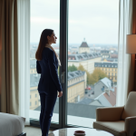 Femme élégante en costume navy regardant la ville de Lille