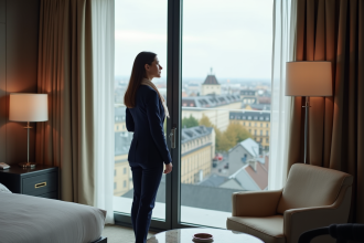 Femme élégante en costume navy regardant la ville de Lille