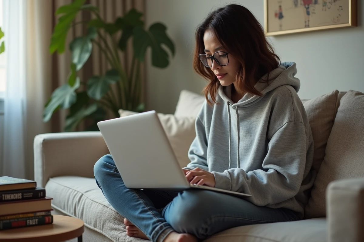 Jeune femme avec lunettes évaluant une plateforme de lecture de manga sur son canapé
