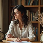 Femme contemplant une horloge analogique affichant 11h22 dans un bureau chaleureux, illustration de l'heure miroir et de son interprétation spirituelle