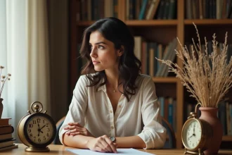 Femme contemplant une horloge analogique affichant 11h22 dans un bureau chaleureux, illustration de l'heure miroir et de son interprétation spirituelle