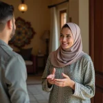 Femme nord-africaine en hijab accueillant un jeune homme