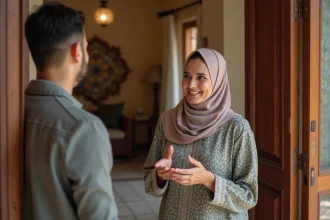 Femme nord-africaine en hijab accueillant un jeune homme