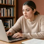 Jeune femme concentrée jouant à un jeu de mots en ligne sur son ordinateur portable avec un carnet de notes posé à côté