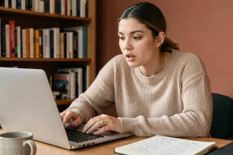 Jeune femme concentrée jouant à un jeu de mots en ligne sur son ordinateur portable avec un carnet de notes posé à côté