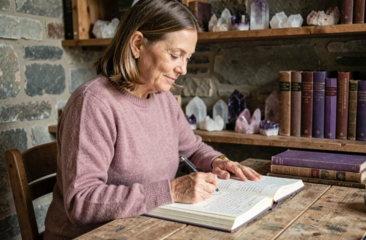Femme écrivant dans un journal entourée de cristaux améthyste dans un intérieur en pierre illustrant la signification de l'aura violette